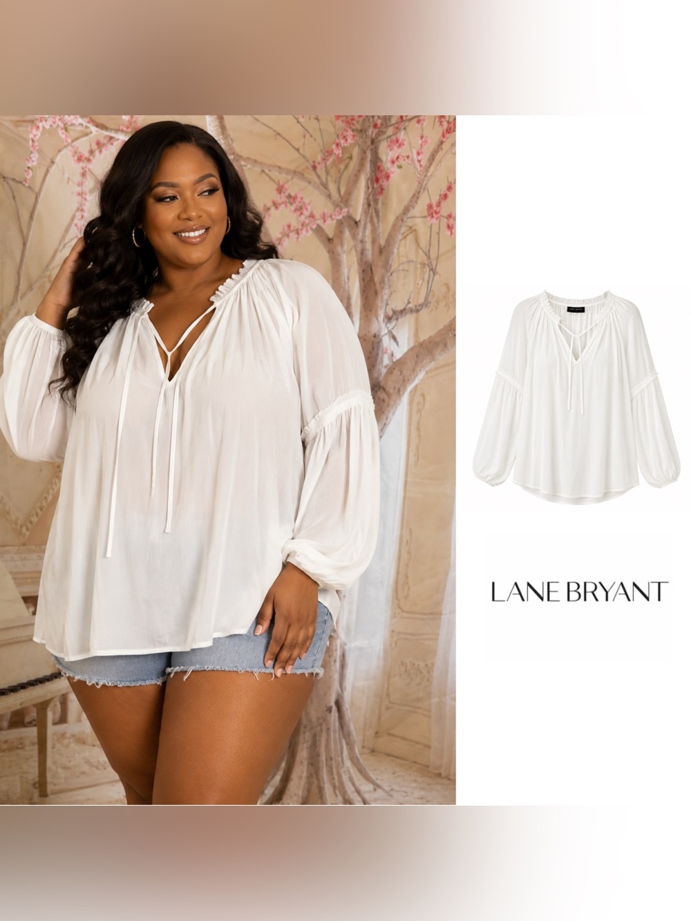 NEW Lane Bryant Ivory Peasant Tie-Neck Blouse